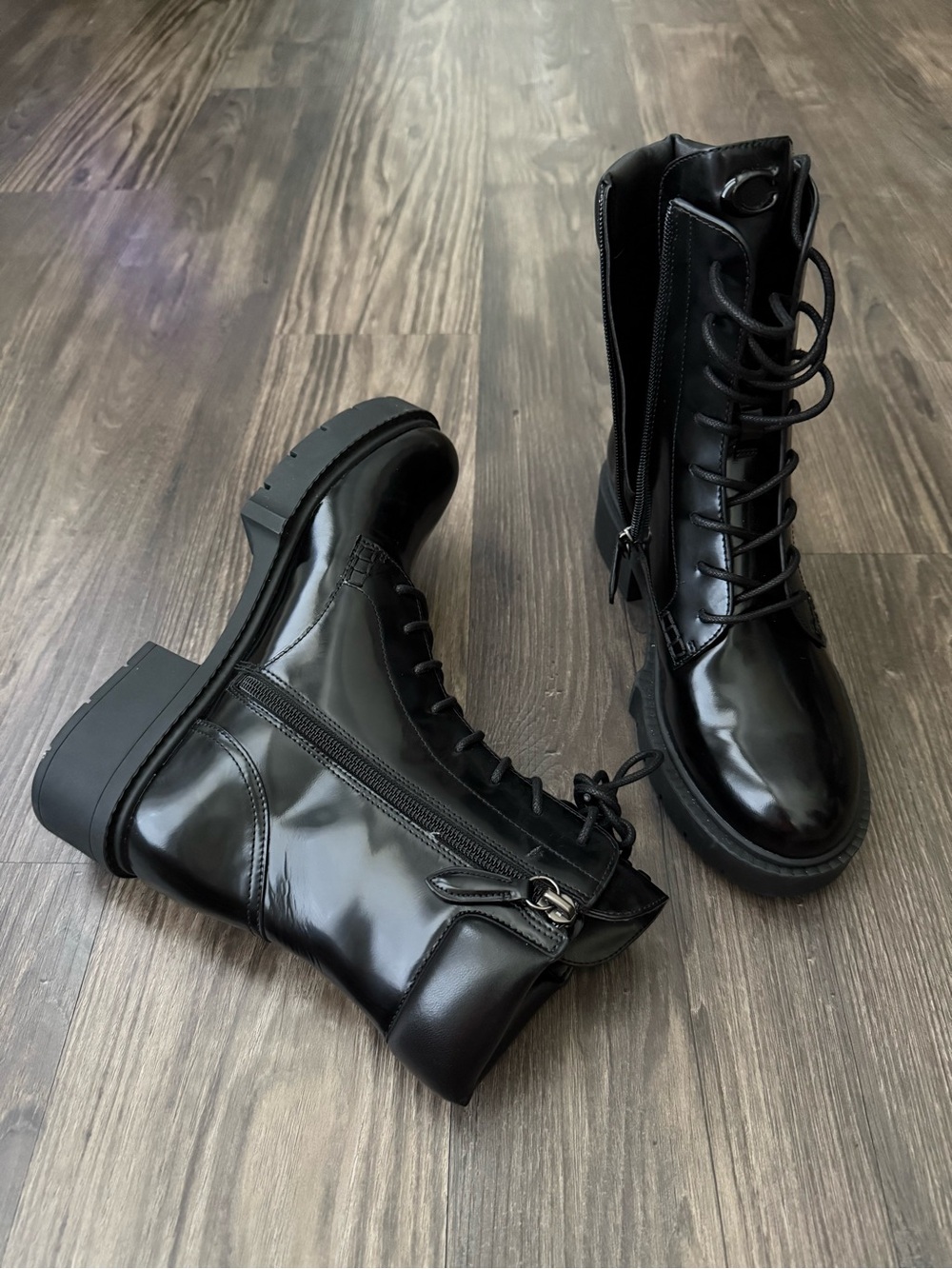Coach NEW Black Patent Leather Biker Moto Combat Boots